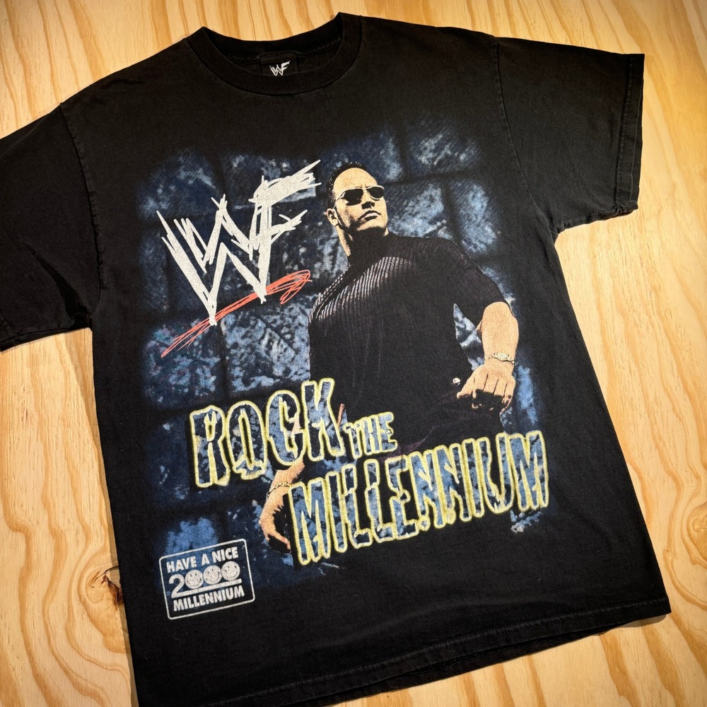 WWF Men's Vintage The Rock Rock The Millennium Graphic T-Shirt Black Y2K Size M